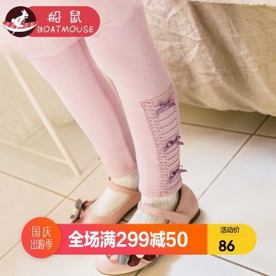 船鼠女童打底裤加绒加厚秋冬2018新款花边蝴蝶结儿童裤子宝宝长裤
