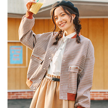 茵曼旗舰店2018秋装新款棒球领英伦复古文艺格纹宽松短外套女上衣图片