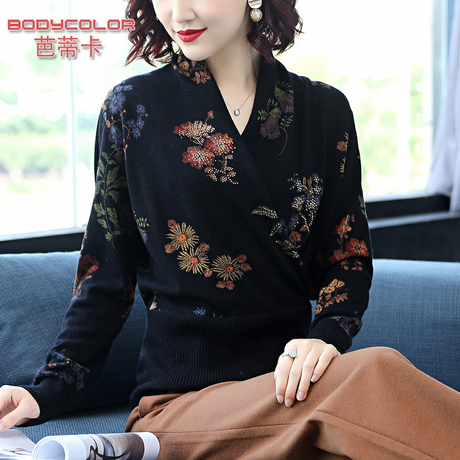 时尚中年印花羊毛衫韩版中老年人女装妈妈秋冬装套头毛衣上衣服装商品大图