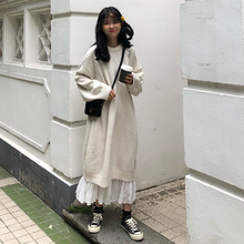 韩版时尚休闲套装春装女装长款针织连衣裙+褶皱雪纺半身裙两件套