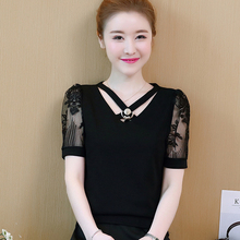 2019女式蕾丝雪纺衫夏装短袖打底衫新款韩版上衣百搭T恤洋气小衫