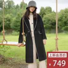 裙居黑色纯羊毛呢子大衣女新款2018秋冬季宽松毛呢外套女中长款图片