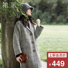 裙居黑白格子毛呢外套女风衣秋冬新款2018宽松中长款羊毛呢子大衣图片