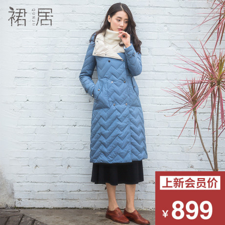 裙居蓝色鹅绒轻薄羽绒服女中长款2018新款秋冬季加厚过膝大衣外套商品大图