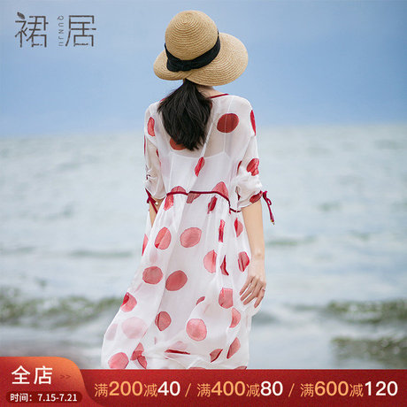 裙居真丝波点连衣裙女春夏2019新款中长款A字裙宽松白色长裙子女商品大图