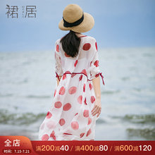 裙居真丝波点连衣裙女春夏2019新款中长款A字裙宽松白色长裙子女图片