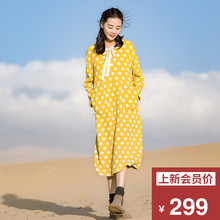 裙居黄色长袖波点连衣裙女秋2018新款中长款棉质A字裙印花长裙子图片