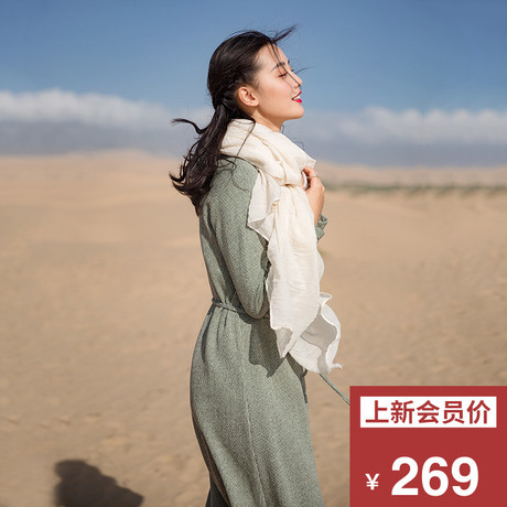 裙居棉质V领连衣裙女秋装2018新款中长款针织A字裙文艺刺绣长裙子商品大图