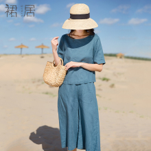 裙居蓝色五分袖亚麻衬衣女夏装2018新款圆领宽松文艺上衣半袖衬衫图片