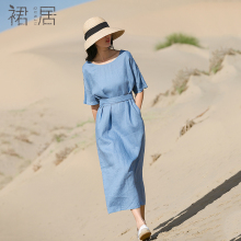 裙居五分袖亚麻连衣裙女夏装2018新款中长款A字裙蓝色宽松长裙子图片
