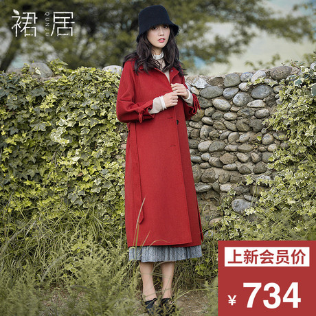 裙居红色纯羊毛呢外套女中长款秋女2018新款风衣宽松双面呢子大衣商品大图