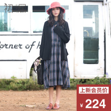 裙居格子棉麻连衣裙秋装女2018新款中长款A字裙宽松打底裙长裙子图片