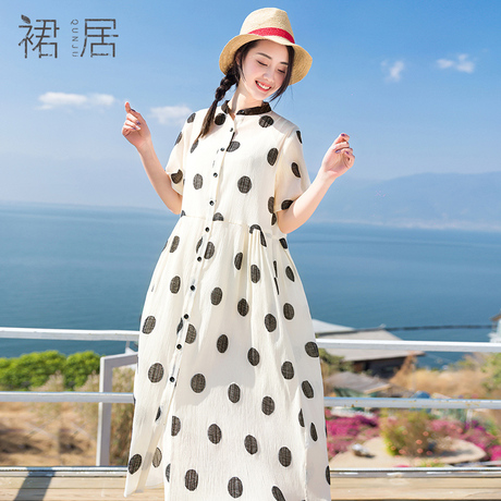 裙居波点宽松白色连衣裙女夏2018新款女中长款亚麻大码衬衣衬衫裙商品大图