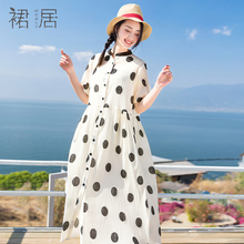 裙居波点宽松白色连衣裙女夏2018新款女中长款亚麻大码衬衣衬衫裙图片
