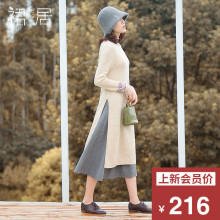 裙居半高领羊毛针织衫女长袖秋2018新款中长款米色打底衫上衣毛衣图片