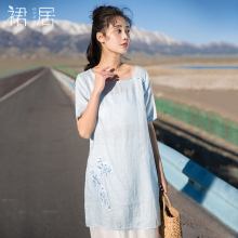 裙居浅蓝色亚麻宽松衬衣女夏2018新款中长款短袖圆领上衣半袖衬衫图片