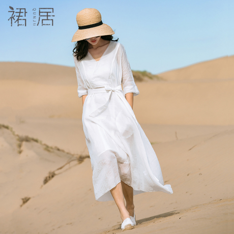 裙居五分袖苎麻仙气V领连衣裙女夏2018新款中长款白色仙女长裙子商品大图