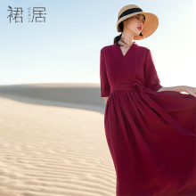 裙居V领红色棉麻连衣裙秋装女2018新款中长款宽松半袖亚麻长裙子图片