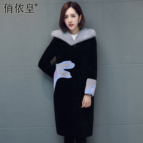 2017新款皮毛一体外套女大衣中长款海宁羊剪绒水貂皮草连帽女装商品大图