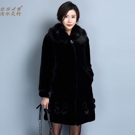 QSLZ/清水灵籽秋冬新款韩版中长款皮草大衣狐狸毛领水貂外套女装商品大图