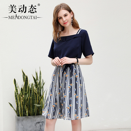 美动态2018新款大码女装假两件套胖mm夏装200斤胖妹妹遮肚连衣裙商品大图