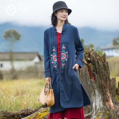尤瑾2018春秋新款民族风复古女装中国风刺绣中长款宽松风衣外套女商品大图
