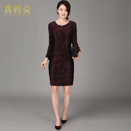 香薇姿2018大码连衣裙修身显瘦中老年长袖女新款韩版A子裙妈妈装商品大图