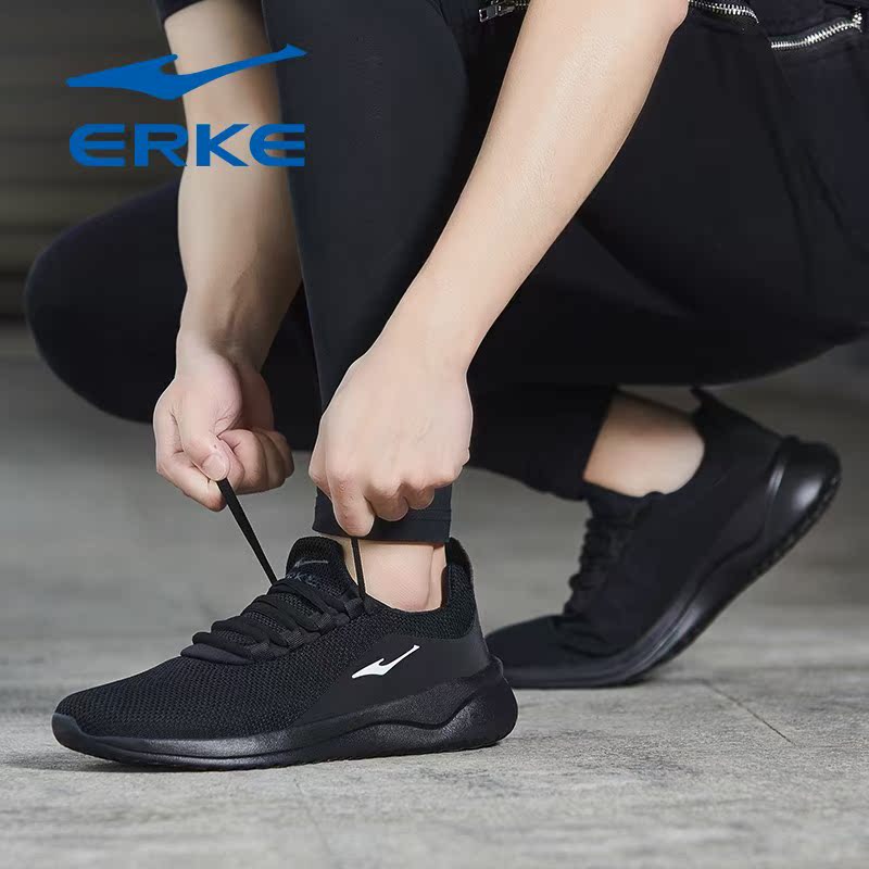 ERKE Men's Shoes Pure Black Running Shoes 2019 Autumn Mesh Breathable White Casual Shoes Shock Absorbing Sneakers