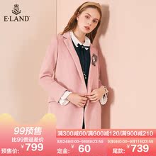【99预售】ELAND秋冬女装韩版尼面胸针口袋中长款羊毛大衣外套女图片