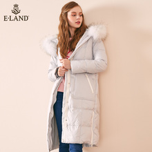 ELAND衣恋女装韩版淑女气质简约撞色毛领连帽中长款羽绒服女图片