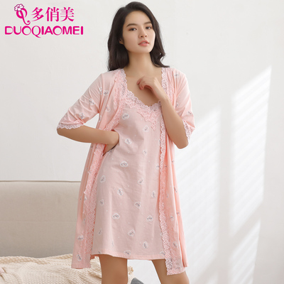 吊带纯棉睡袍女新娘两件套浴袍春秋晨袍性感夏季浴衣睡衣夏天薄款