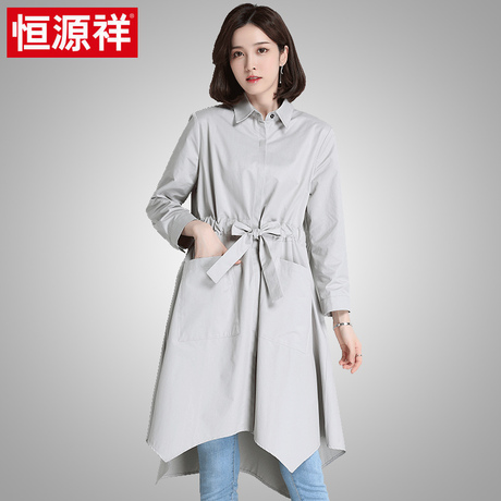 恒源祥2018春秋季新款女风衣中长款九分袖裙摆型方领显瘦上衣外套商品大图