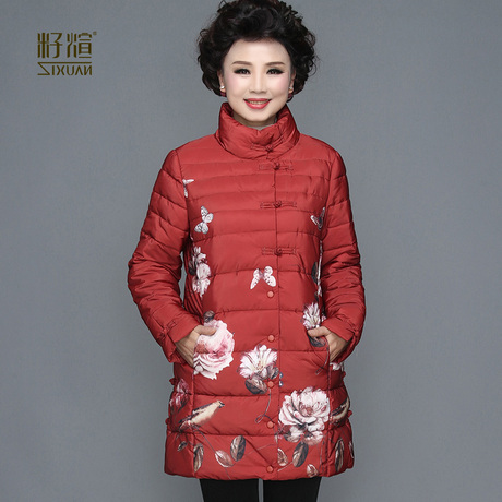 籽煊中老年女装大码印花高领棉服妈妈装中年冬装外套加厚羽绒棉衣商品大图