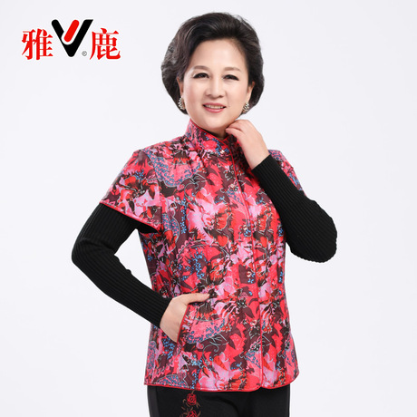 雅鹿妈妈秋冬中老年女加大码立领轻薄羽绒马甲内外穿短袖背心印花商品大图