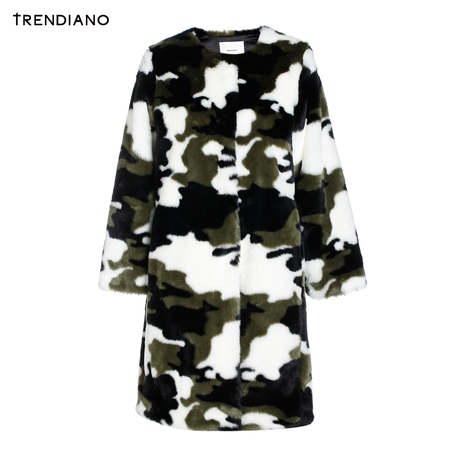 TRENDIANO女装冬装迷彩中长宽松仿皮草外套大衣WHC4321220商品大图