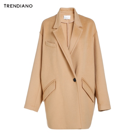 TRENDIANO女装冬装纯色中长款宽松羊毛呢料外套WHC4341240商品大图