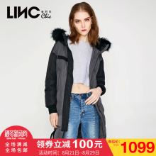 LINC金羽杰冬季新品街头个性抽绳撞色毛领羽绒服女中长款韩版外套图片