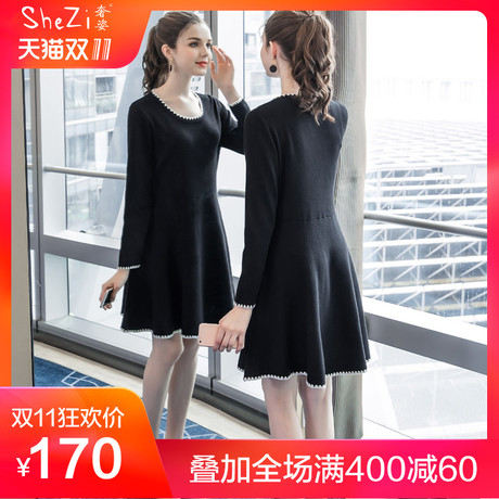 奢姿2018秋季新款大码女装胖MM时尚气质宽松显瘦遮肚子针织连衣裙商品大图