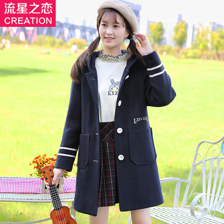 呢子大衣中长款学生2018少女秋季新款初中生冬装韩版加厚毛呢外套商品大图
