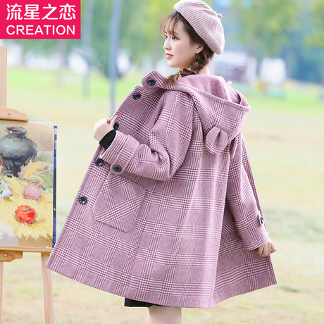 格子毛呢外套女中长款学生2018秋季新款初中生冬装呢子大衣学院风商品大图