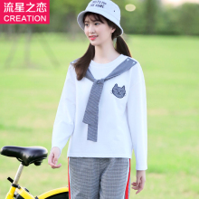 少女韩版休闲宽松T恤女学院风2018春秋季新款潮初中学生秋装上衣图片