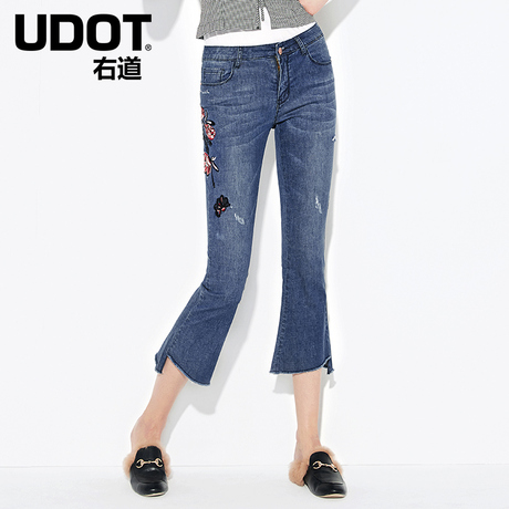 UDOT右道春季新款chic民族风微喇九分裤女刺绣棉麻牛仔裤UU7023商品大图