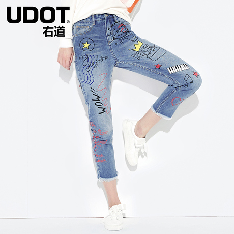UDOT右道手工毛边直筒裤潮流涂鸦街头印花朋克风牛仔裤女UU6439商品大图