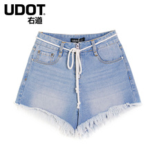 UDOT右道2018夏高腰圆扣环拉链短裤棉绳装饰毛边工艺牛仔裤UU6452图片
