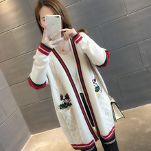 中长款提花口袋秋装毛衣外套女2018新款女装韩版外搭V领针织开衫图片