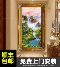 定制竖版画 手绘风水聚宝盆山水景旭日东升玄关走廊油画中欧式风格
