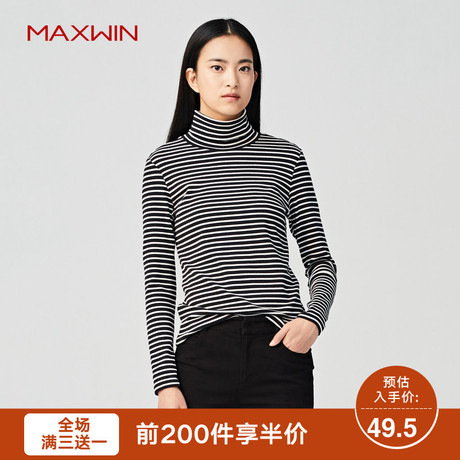 MAXWIN马威女式高领打底衫条纹显瘦韩版修身休闲新款卫衣T冬女装商品大图