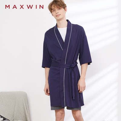 MAXWIN马威男士睡袍夏季纯棉薄款夏天韩版中长款浴袍男式家居服