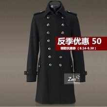 羊毛呢子大衣双排扣毛呢外套潮 复古修身 中长款 春秋男翻领德国军装