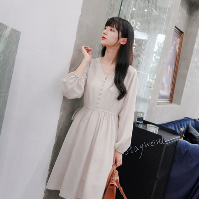 小镇姗姗 秋雨晴时 2018秋季新款百搭显瘦裙子宽松雪纺连衣裙女#